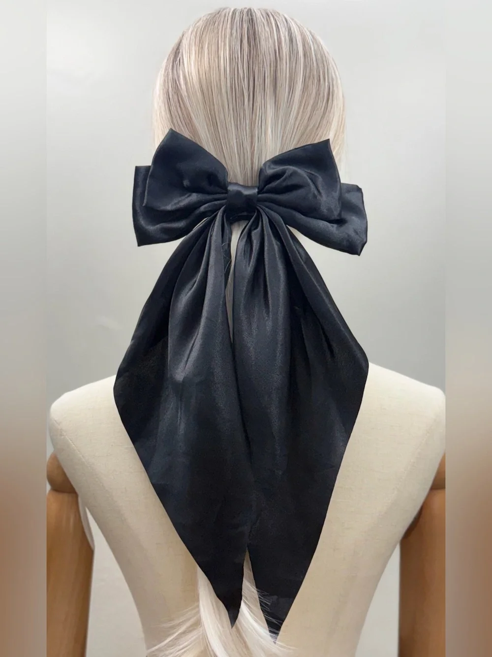 New Oversized Black Satin Bow Hair Barrette Long Tail Statement Clip